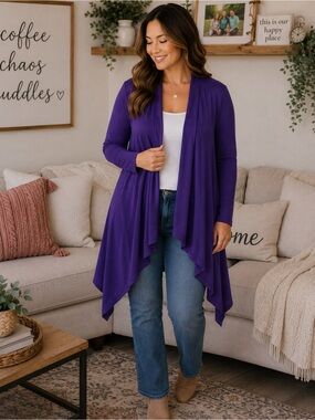 Azules Purple Draped Open Front Cardigan Size Large Lightweight Long made in USA